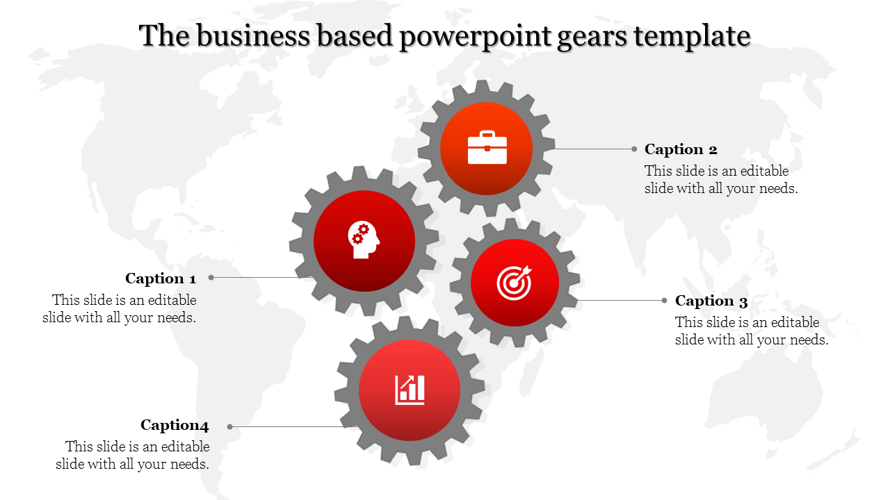 Four circular red gears with white icons, arranged over a light gray map background with labeled captions.