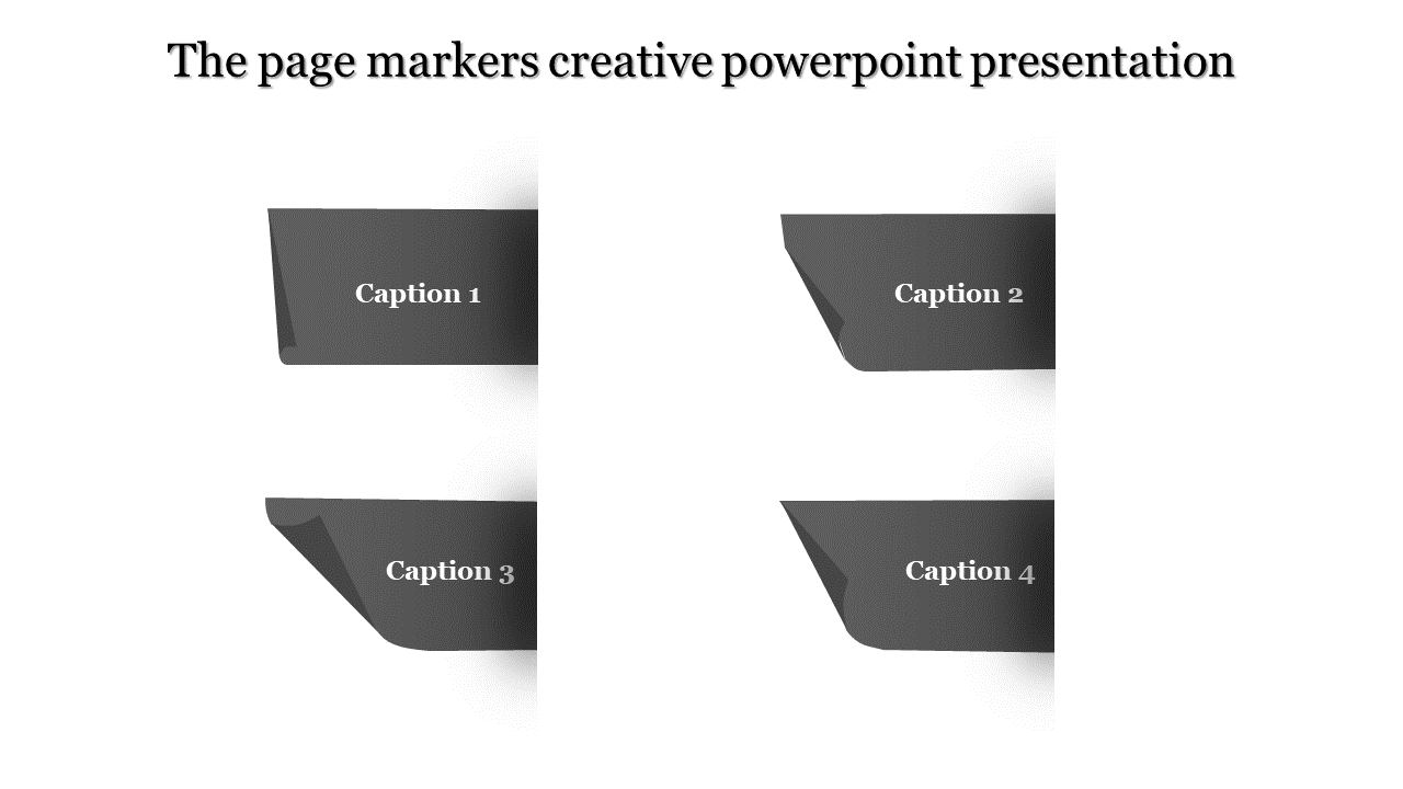 Creative PowerPoint slide showcasing black page marker designs arranged in two columns, each with captions.
