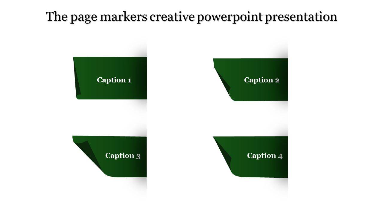 Creative PowerPoint slide with four green page marker shapes labeled as captions for highlighting content.