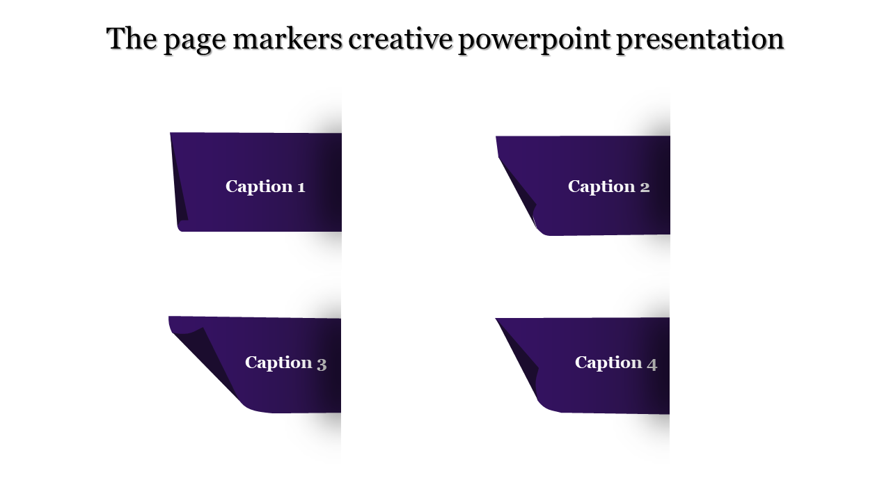 Creative PowerPoint slide with four deep purple page marker shapes, each labeled as captions.