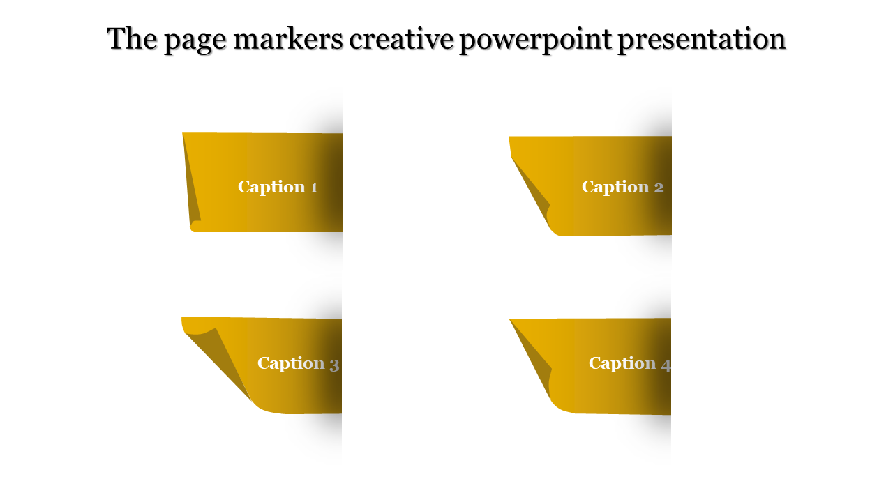 Creative PowerPoint template showcasing gold page marker designs with four captions.