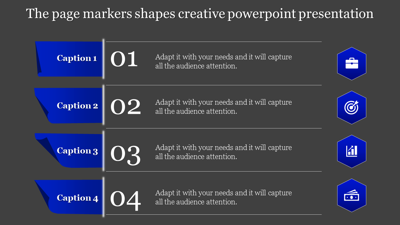 Dark themed slide with four blue page marker shapes, numbered captions, and hexagon icons on the right.