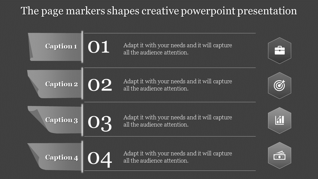 Creative PowerPoint template with four page markers, numbered 01 to 04, featuring captions, text, and related grey icons.
