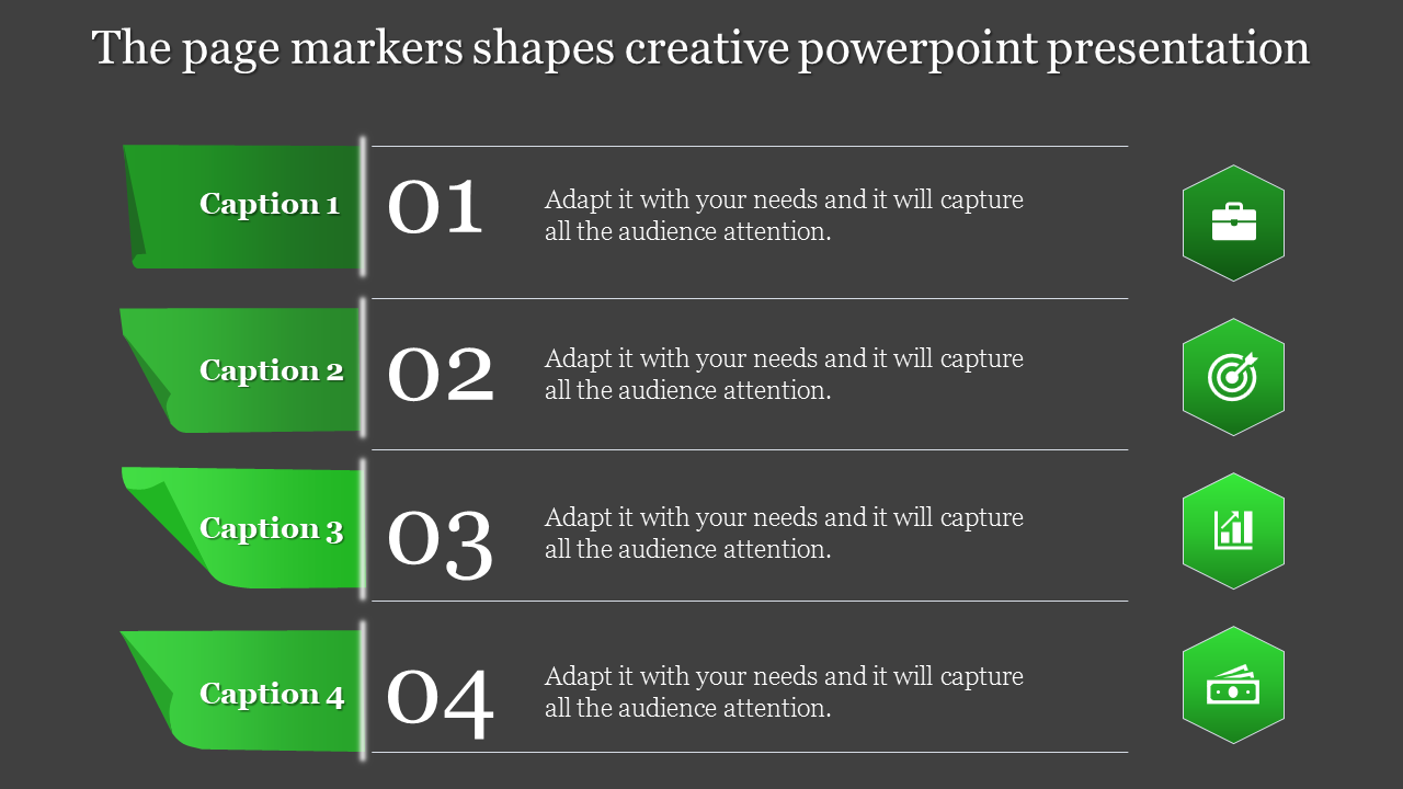 Dark themed slide with four green page marker shapes, numbered captions, and hexagon icons on the right.