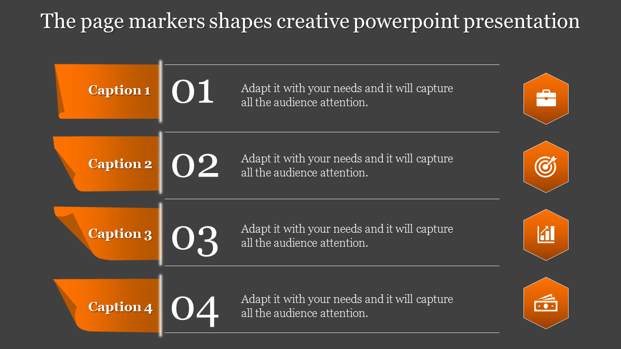 Creative PPT slide showcasing numbered steps 01 to 04 with orange page markers and corresponding icons for clarity.