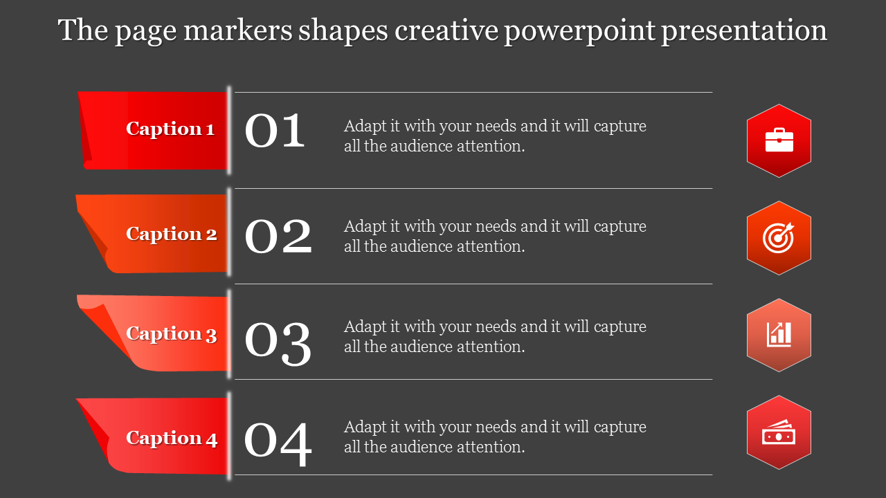 Creative presentation slide showcasing numbered steps 01 to 04 with gradient red and page markers and corresponding icons.