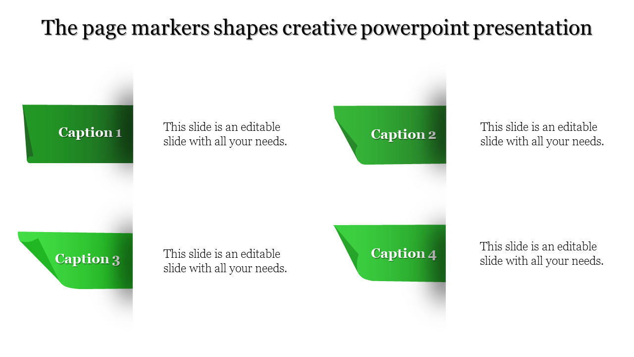 Green page marker themed PowerPoint slide with four captions for creative presentation purposes.
