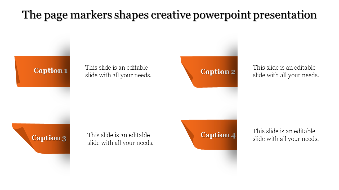 Four orange page marker shapes with captions and text on a clean white background.