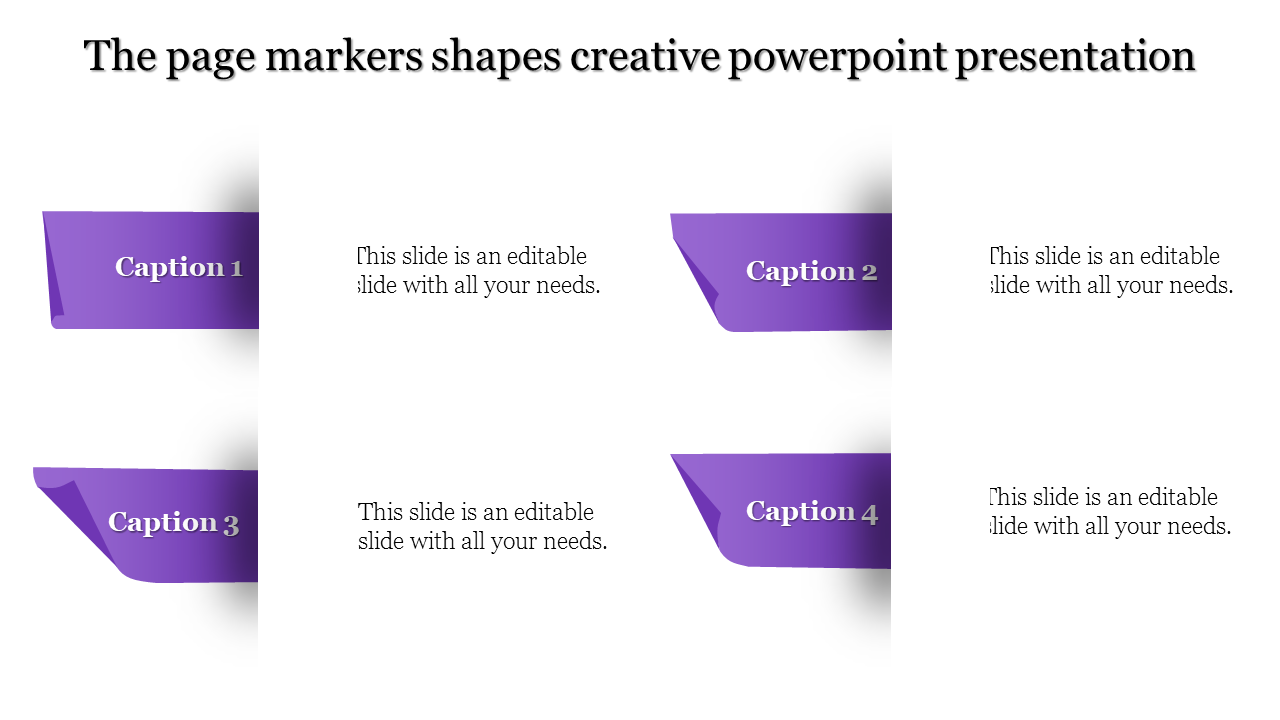 Creative Presentation design slide featuring page marker shapes with four purple captions, each paired with text areas.