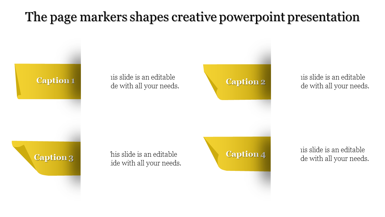 Creative PowerPoint template with a yellow theme, showcasing four page markers and text placeholders.