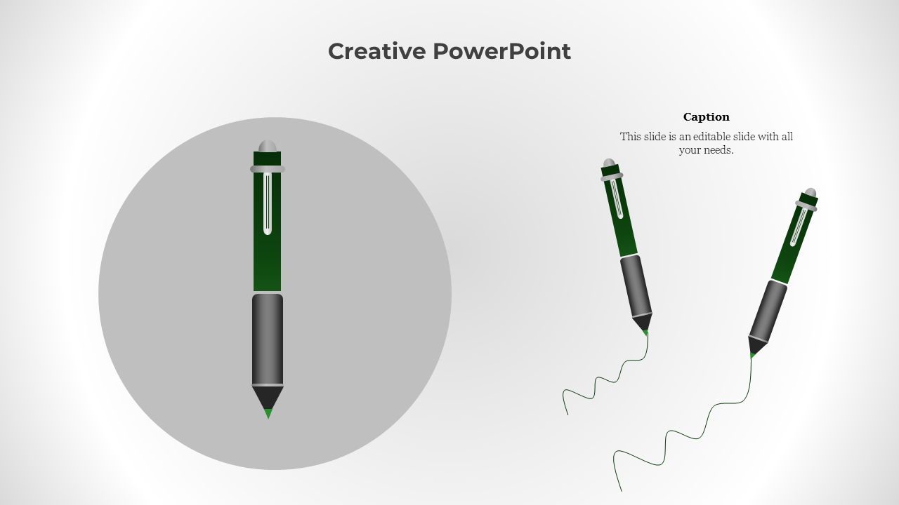 A PowerPoint slide with a green pen and two pens drawing wavy lines with a caption text.