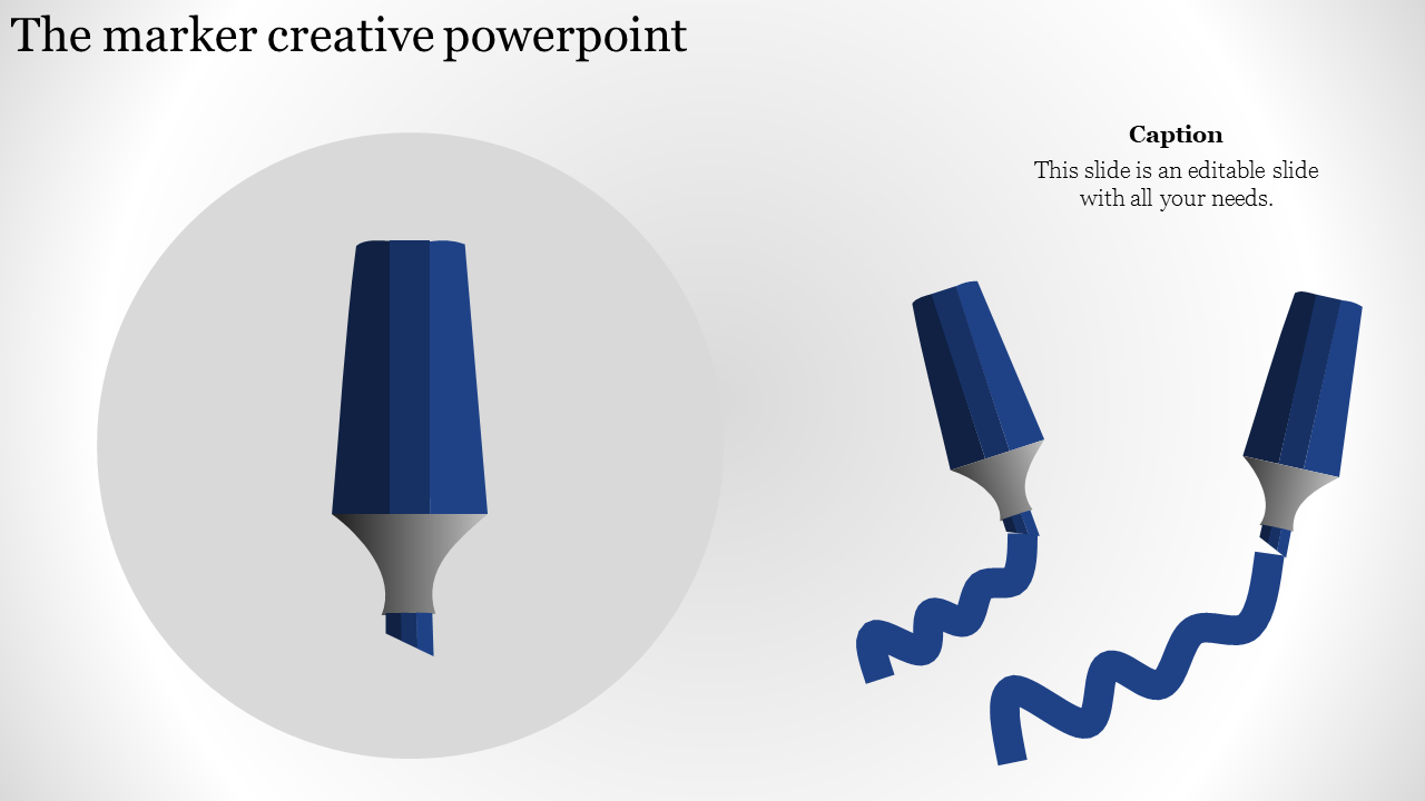 Creative PowerPoint slide featuring blue markers, one upright and two drawing wavy lines.