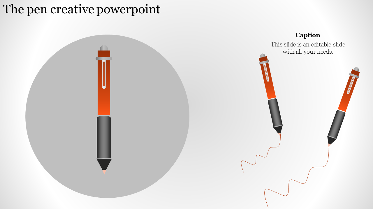 Orange pens with black accents, one in a gray circular highlight and two drawing lines on a gradient white background.