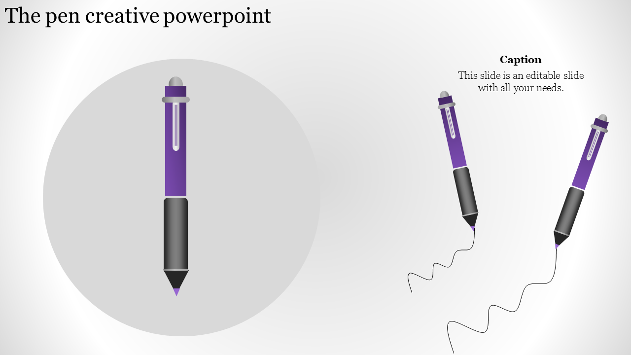 A creative PowerPoint slide with a purple pen in a circle and two pens drawing wavy lines with a caption text.