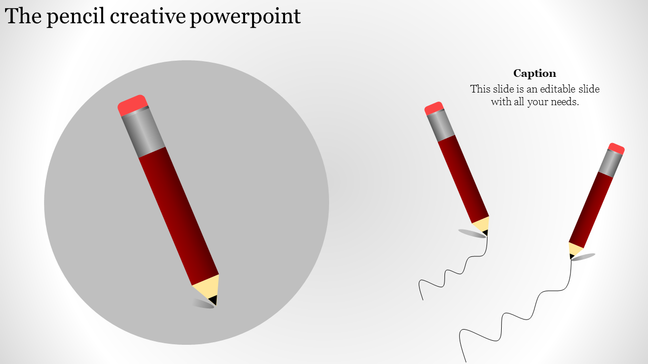 Creative layout with red pencils on a large gray circle, and a gradient white background with flowing black lines.