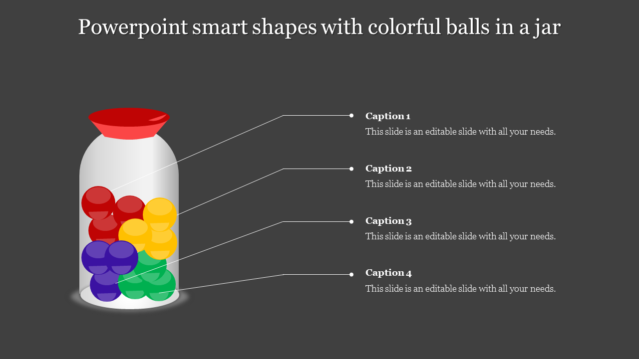 A glass jar containing colorful balls in red, yellow, green, and purple, paired with captions, on a dark gray background.