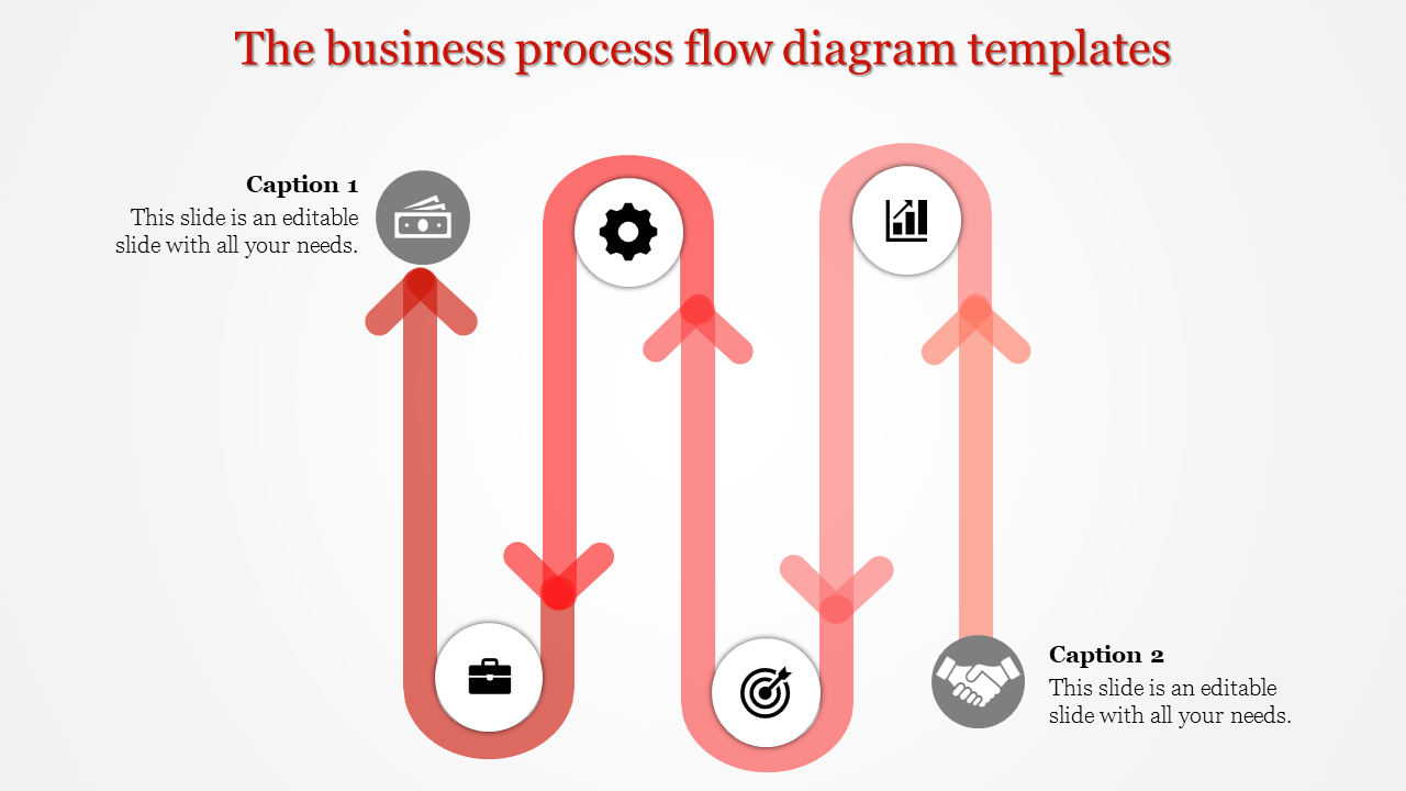 A PowerPoint slide with a visual representation of a business process flow, using red arrows and icons.