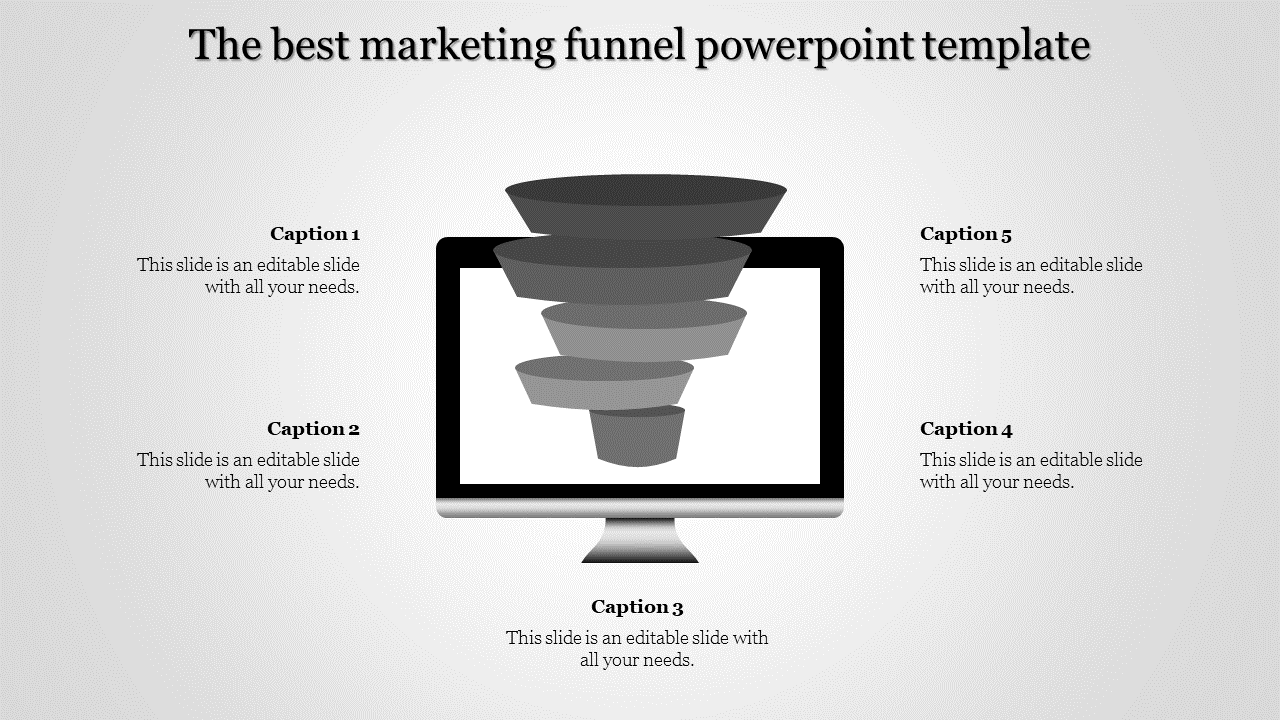 Funnel shaped infographic in shades of gray, centered inside a computer monitor with captions labeled 1 to 5.