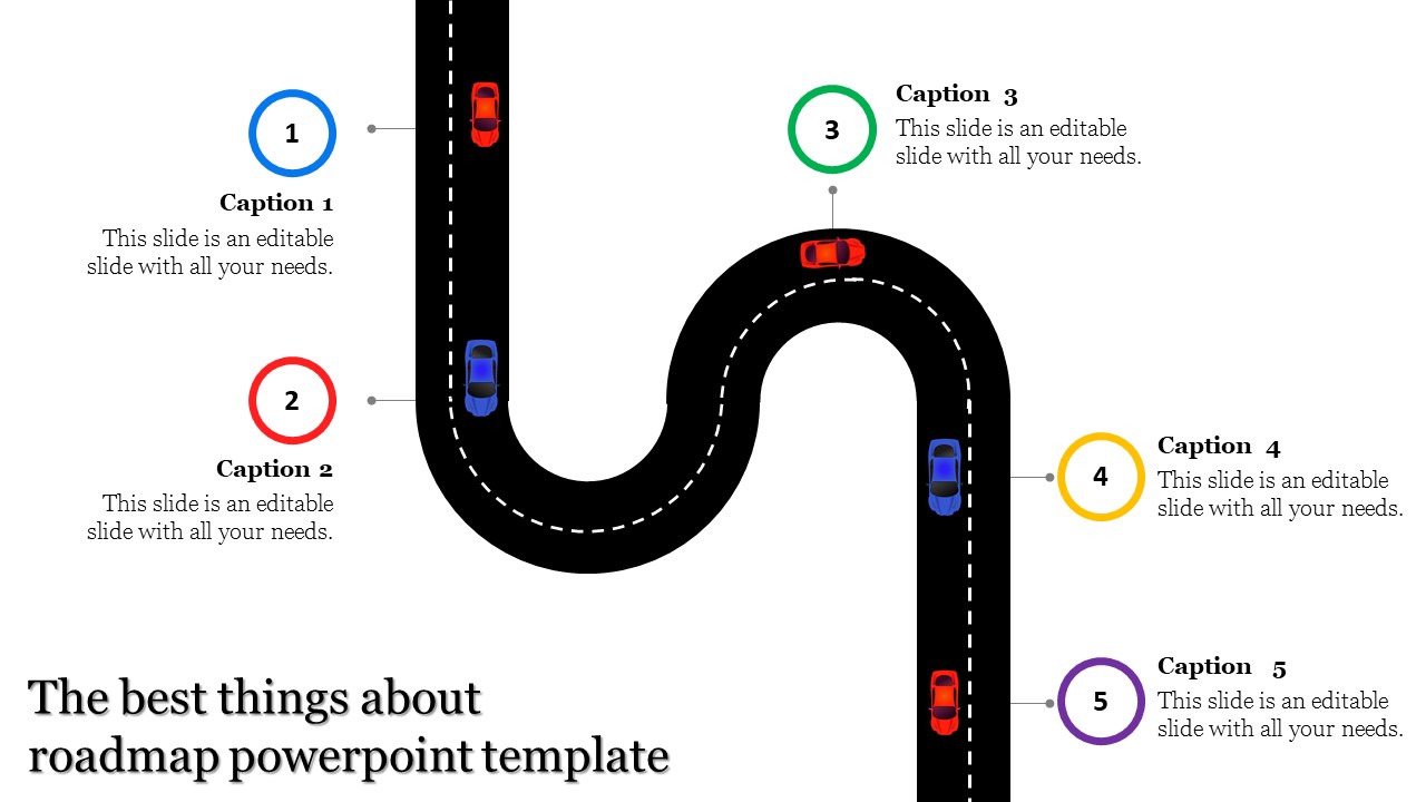 Winding black road with red an blue cars and five numbered captions in colorful circles on a white background.