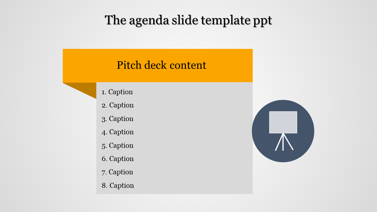 Agenda slide featuring a yellow header with a list of eight captions in a gray box, and a dark circle with an icon.