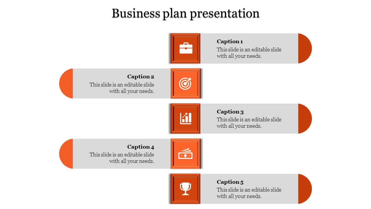 Business plan slide with five horizontal banner sections, each featuring a orannge framed icon, caption area, and endpoints.
