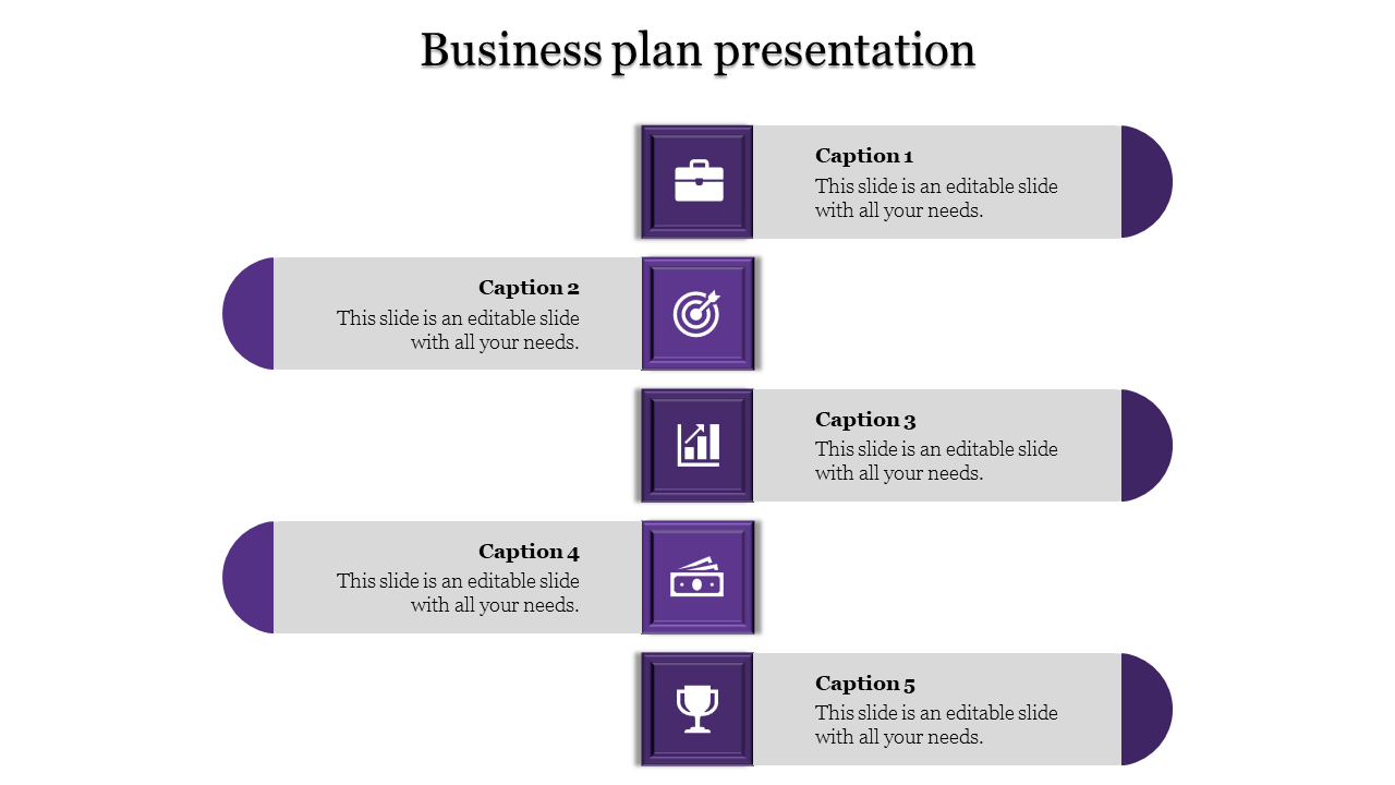 Colorful business plan PowerPoint template with purple icons briefcase, target, growth, financials, and trophy with captions.