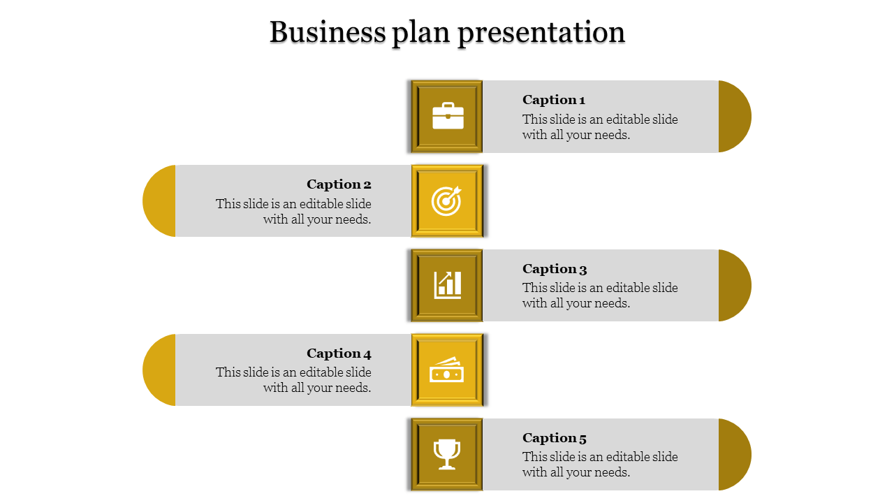 Business plan slide with five banner sections, each featuring a yellow framed icon, caption area, and endpoints.