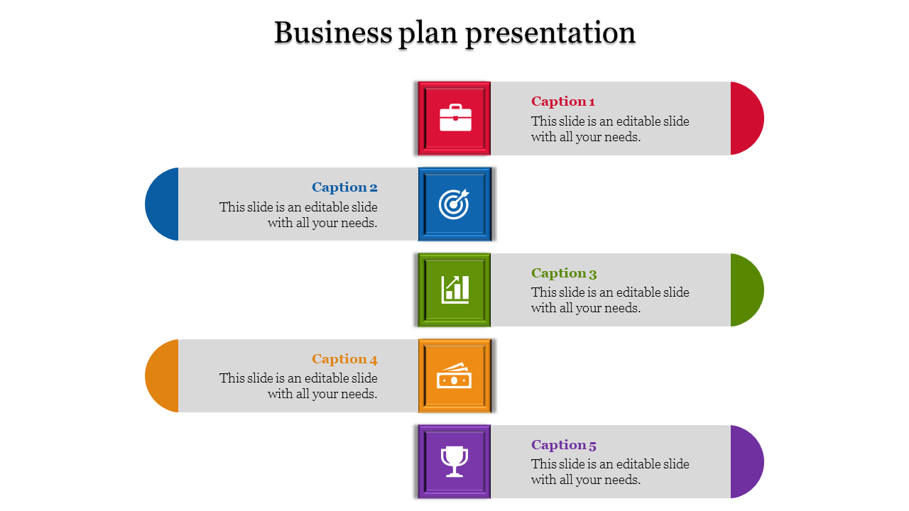 Colorful business plan PowerPoint template with icons briefcase, target, growth, financials, and trophy with captions.