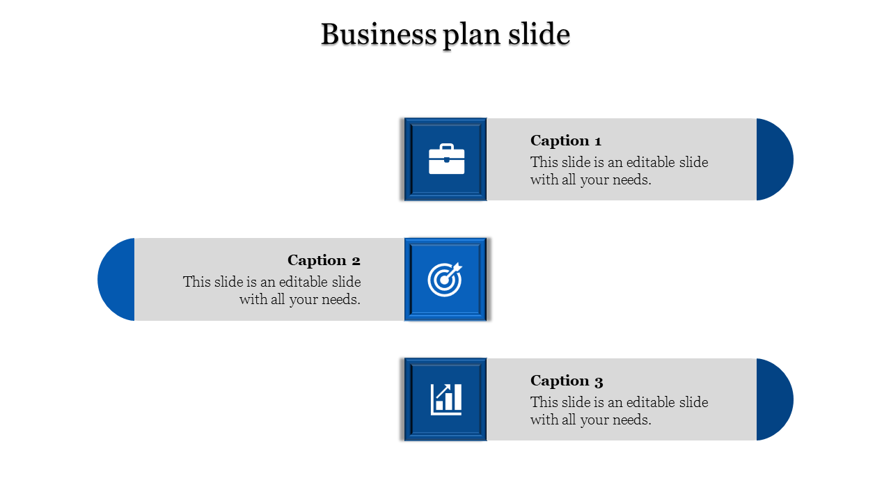 Professional slide with three blue square icons, on horizontal gray rectangles for captions, set on a white background.