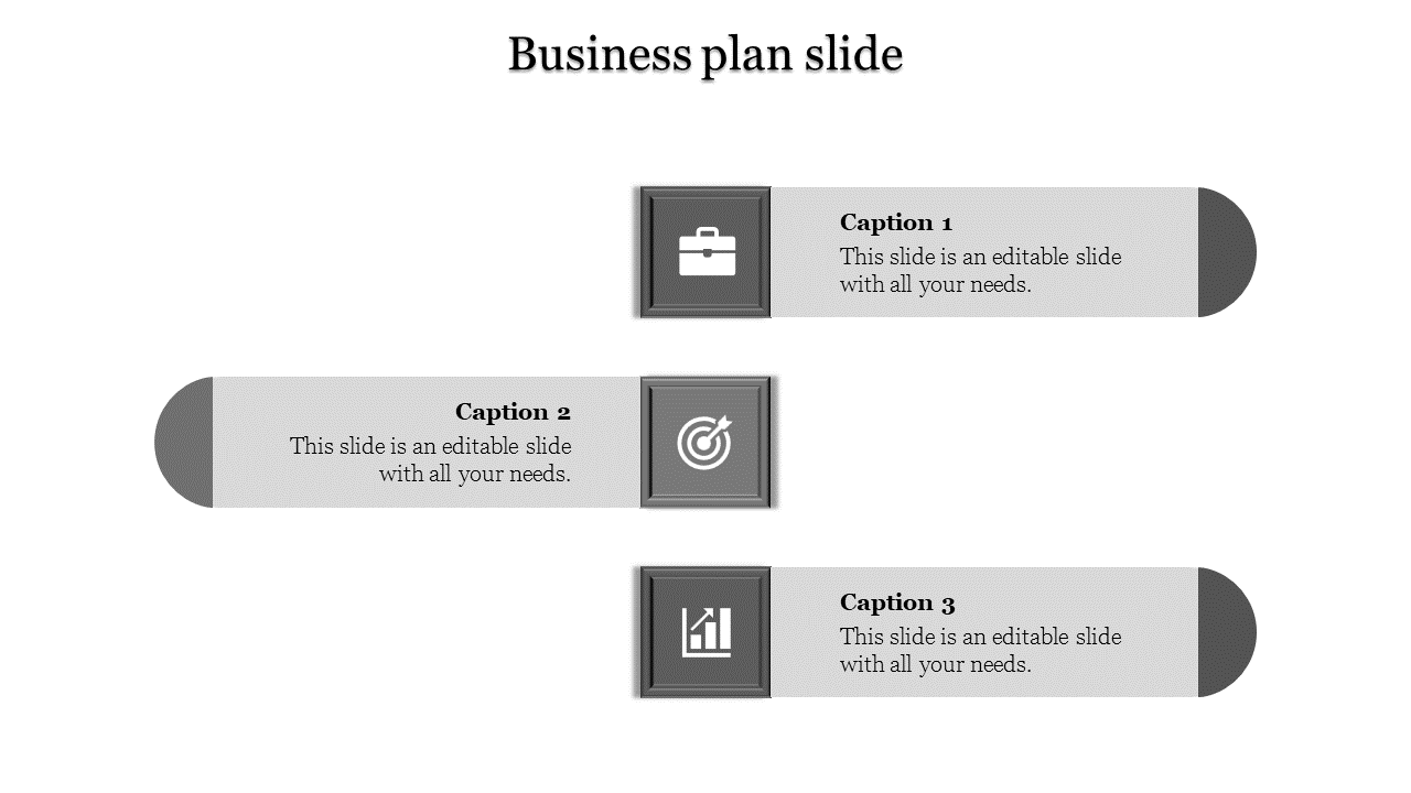 Minimalist business plan template with grayscale framed icons and rounded text boxes, symbolizing key business elements.