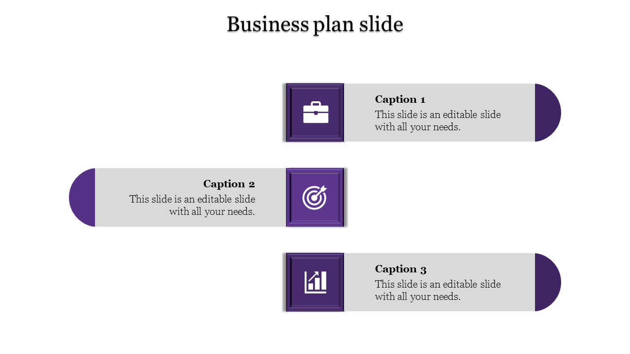Vertical business strategy slide featuring three purple icons representing planning, goal setting, and financial growth.