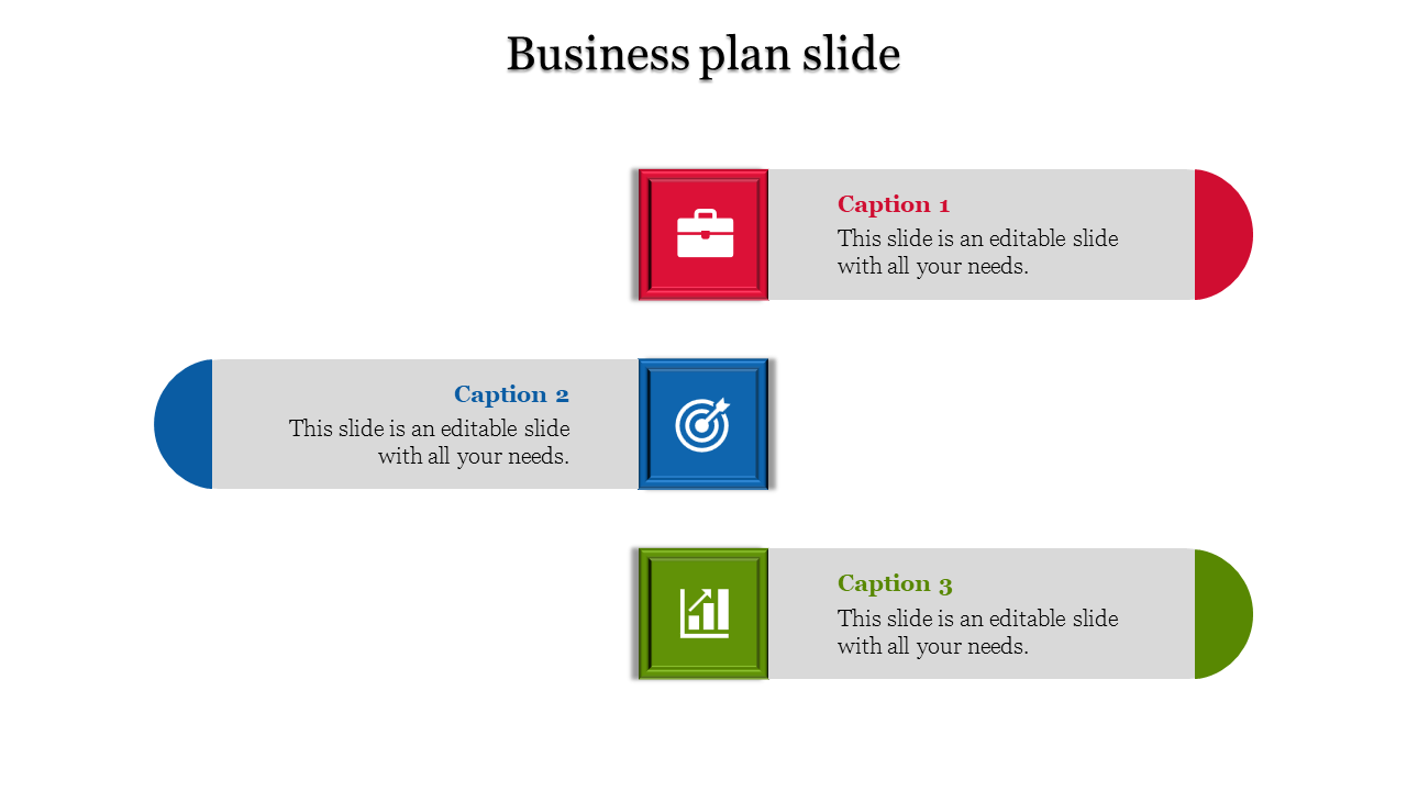 Structured business plan template with color-coded framed icons for key business elements, each connected to caption areas.