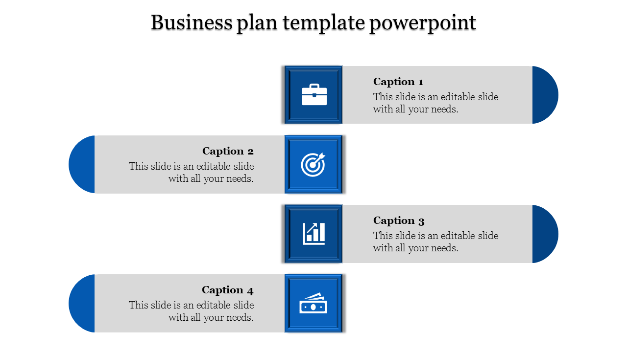 Business plan PowerPoint template featuring blue icons briefcase, target, bar chart, and money with captions.
