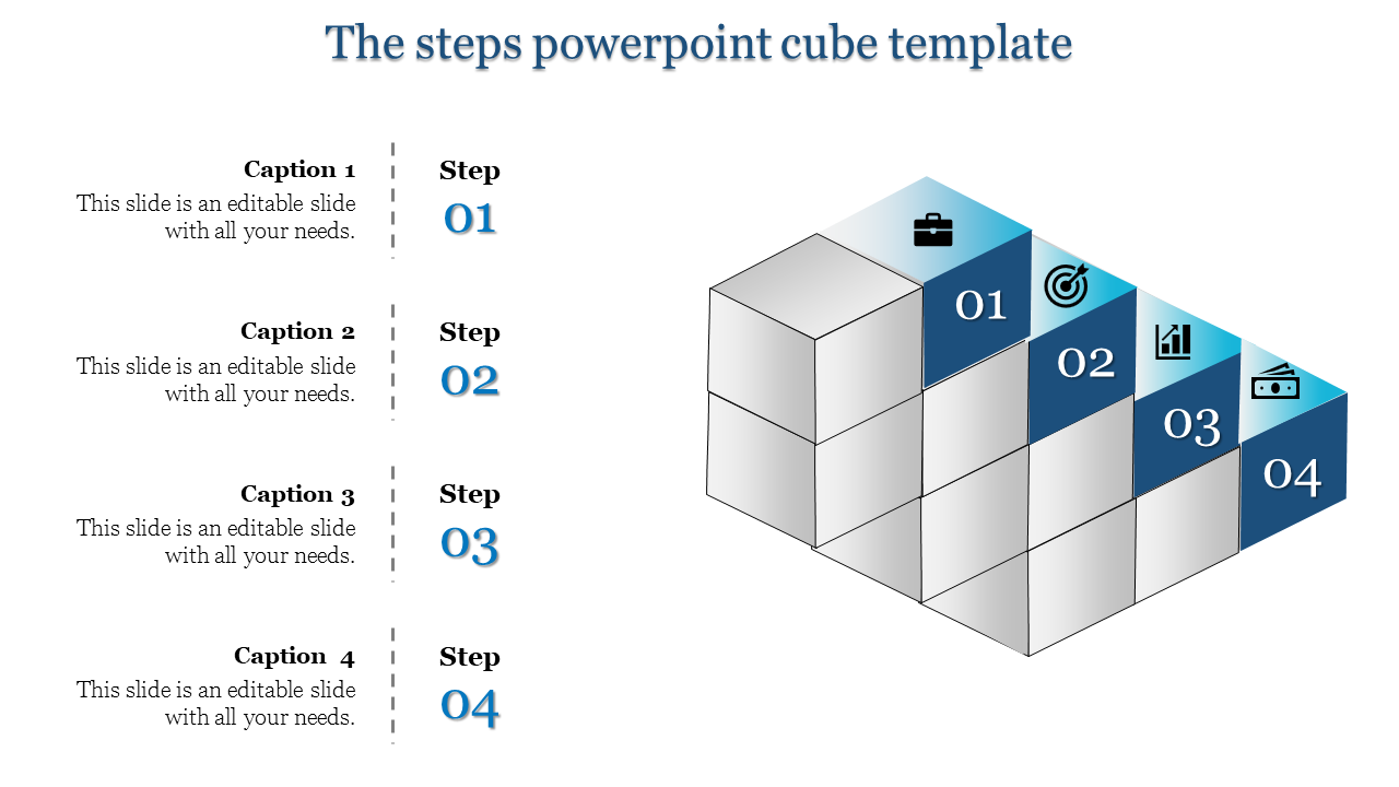 3D cube design illustrating four steps with blue and white sections, each labeled from 01 to 04 with icons.