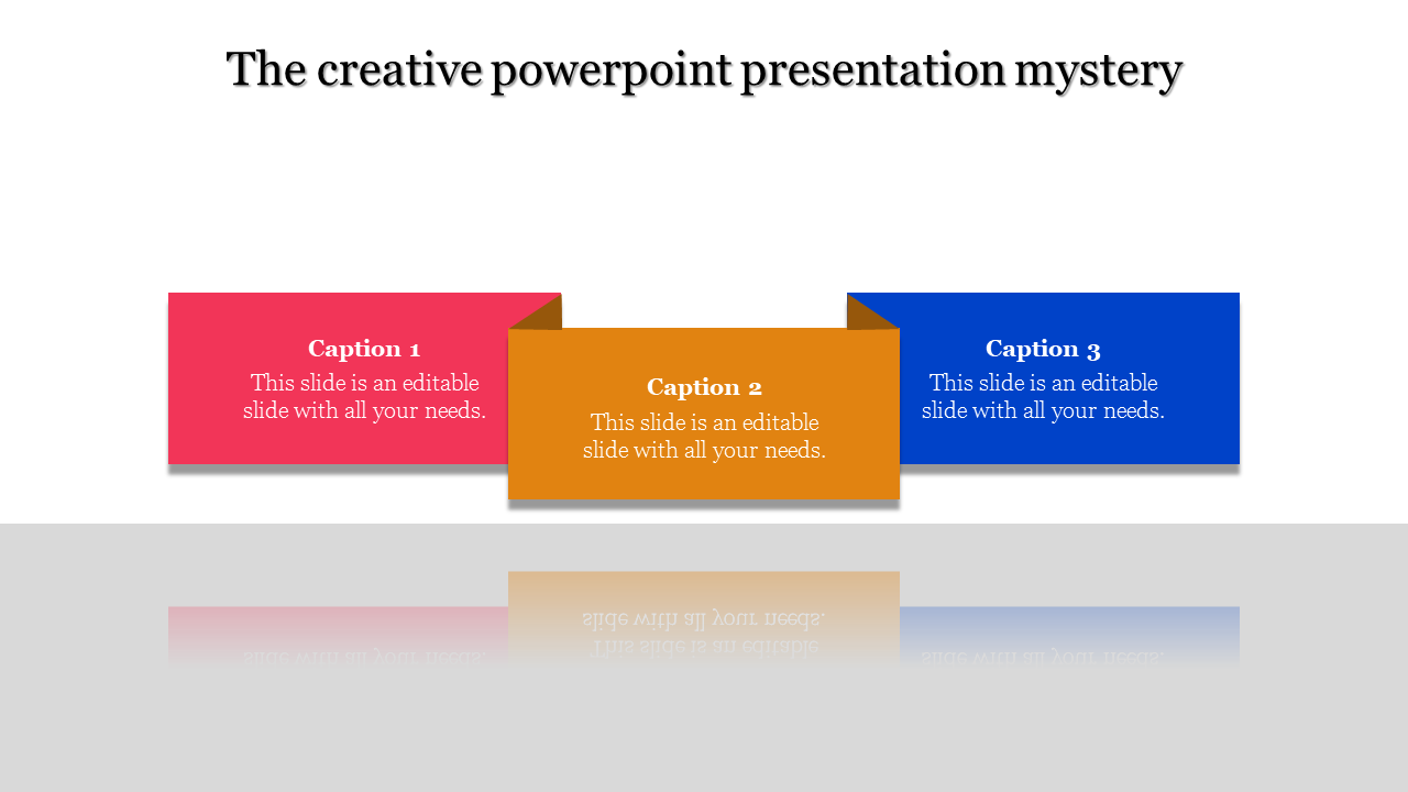 Three rectangular boxes with captions in pink, orange, and blue, positioned side by side with a reflection below.