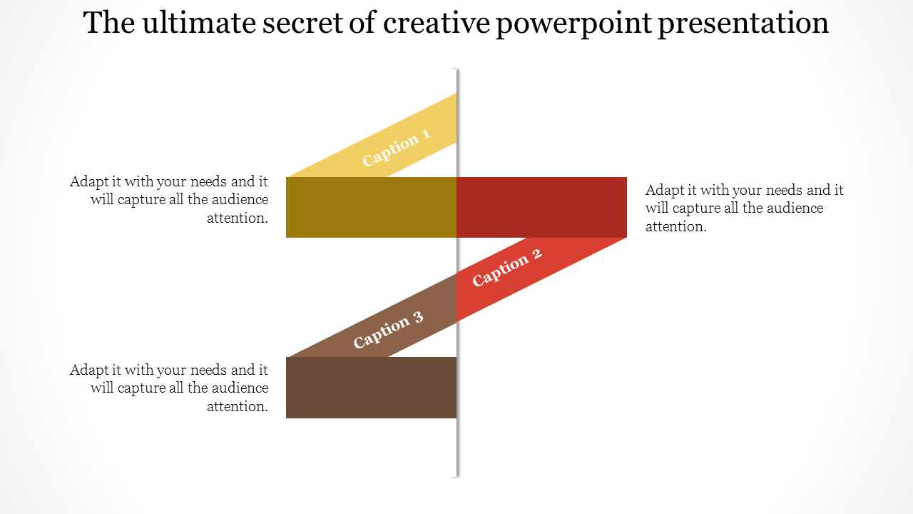 Creative slide showing four colored arrows in yellow, brown, red, and orange, each with numbered captions areas.