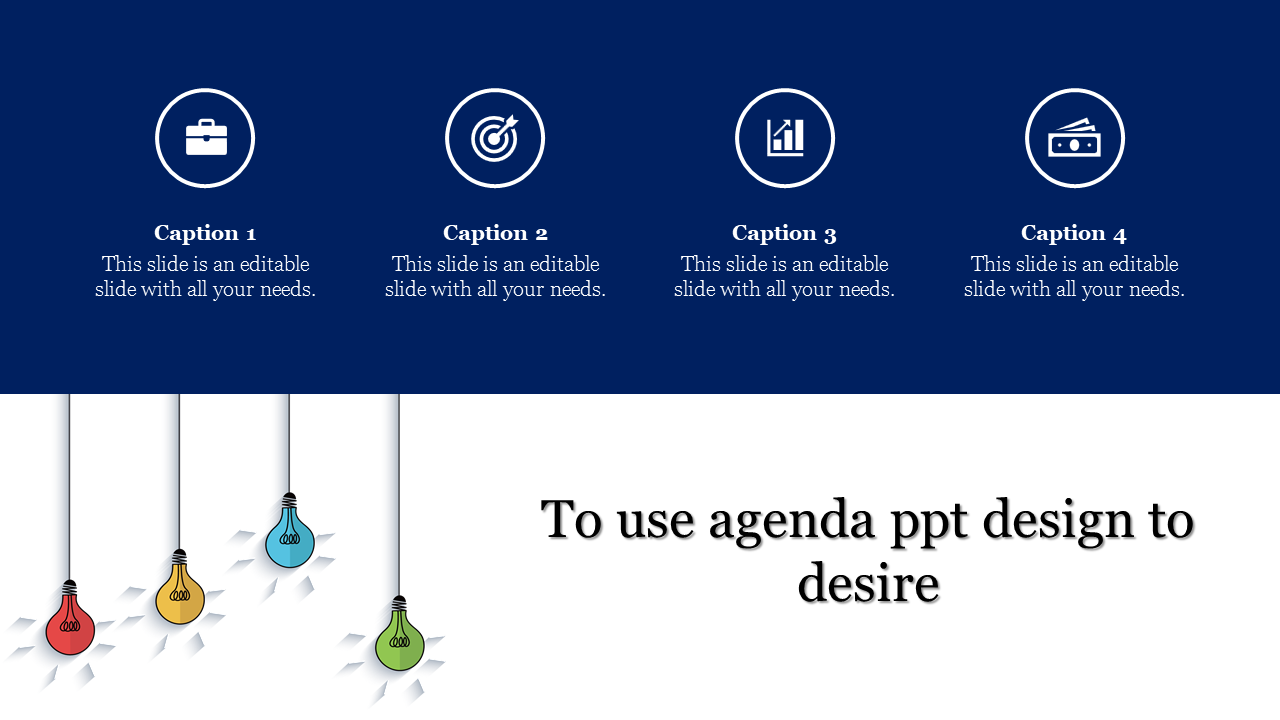 Agenda slide with icons in circles on a dark blue background, colorful hanging light bulbs, and text below.