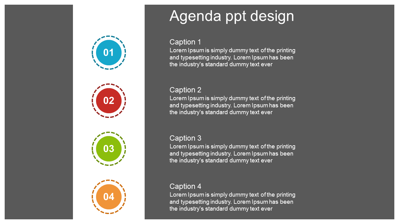 Gray agenda slide with four numbered colorful circles and captions aligned vertically on the right.
