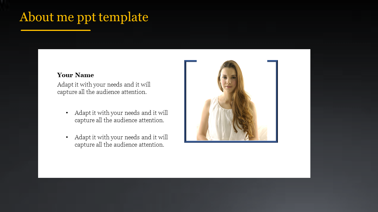 About me slide with a yellow title, descriptive text on the left, and a photo of a woman framed in blue on the right.