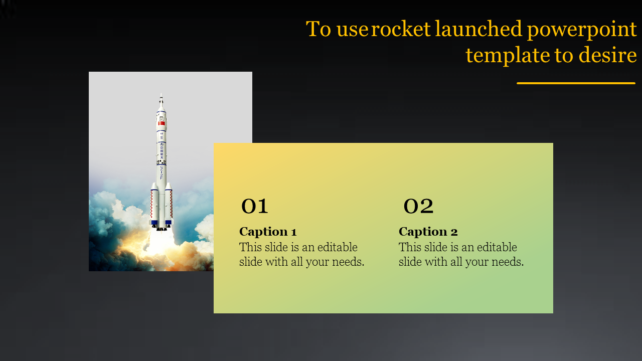 Rocket launch graphic on the left with vibrant clouds, and yellow to green gradient text boxes, set on a dark background.
