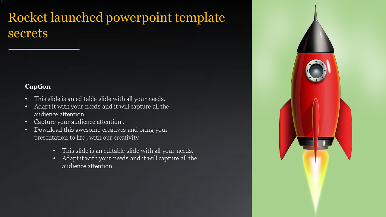 Rocket launch template, featuring a red rocket and editable slide captions on a gradient background.