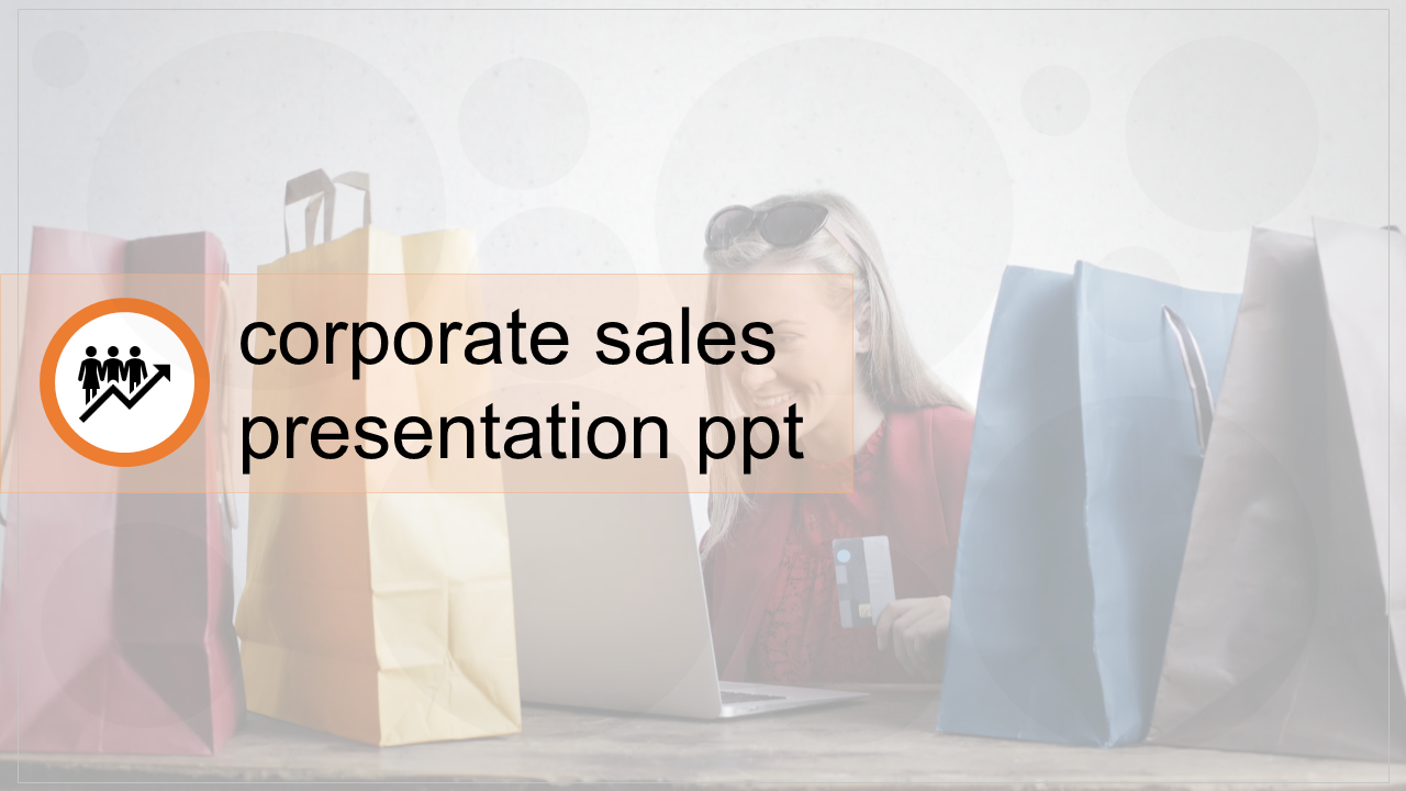  A woman shopping online and shopping bags, accompanied by a corporate sales icon and placeholder text areas.