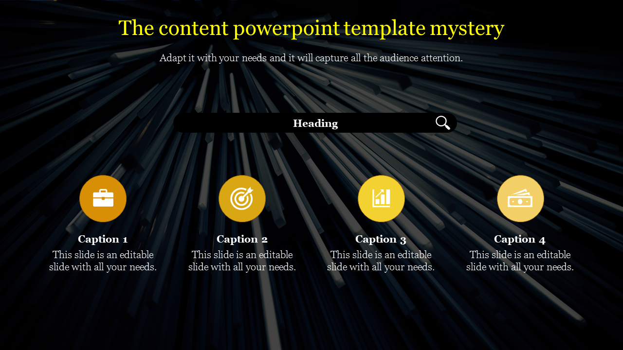 Content slide with a search bar and four icons, including a briefcase, target, graph, and money, on a dark background.