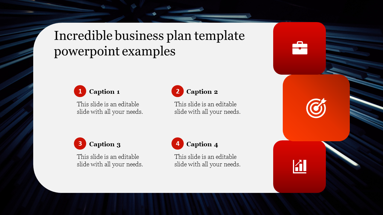 Business plan PowerPoint template with numbered captions and red icons against a dark abstract background.