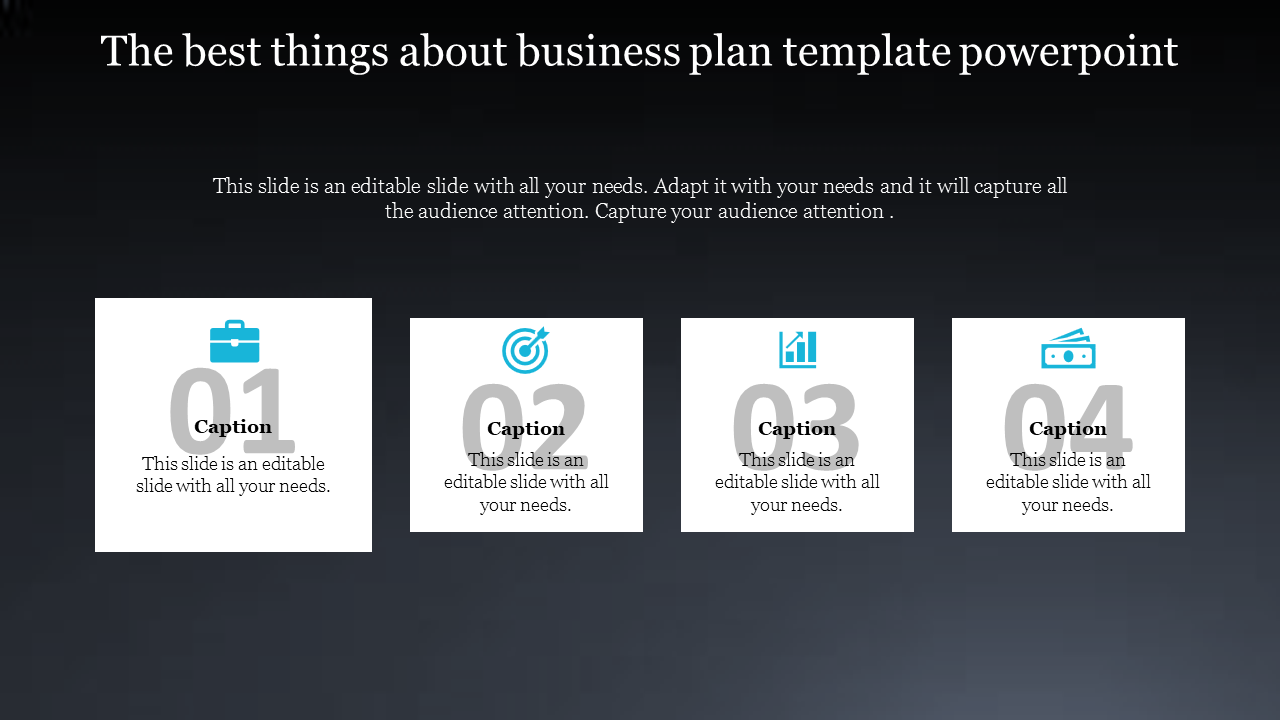 Business plan slide with a dark gradient background featuring four numbered white squares containing icons and captions.
