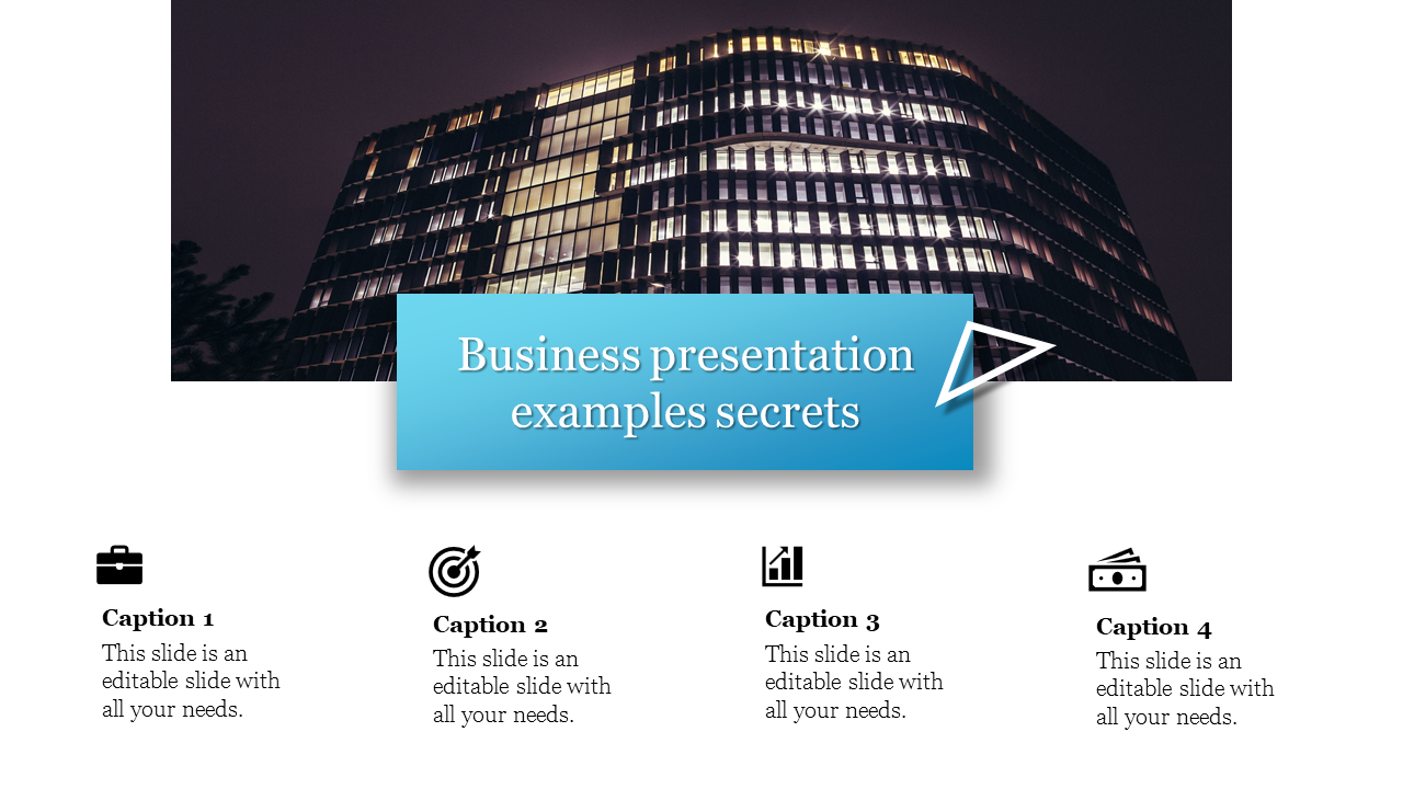Slide with a lit modern building at night, a blue banner for the title, and four icons with captions below.