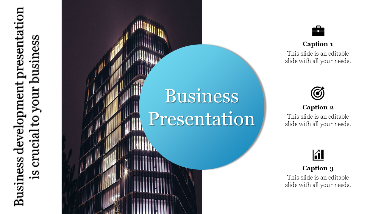 Modern building image  with blue circular overlay labeled  for business and with  icon and captions areas.