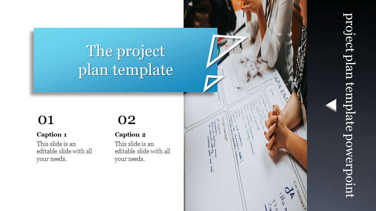 A slide for project planning, featuring a blue title box and an image of hands discussing a project plan with captions.