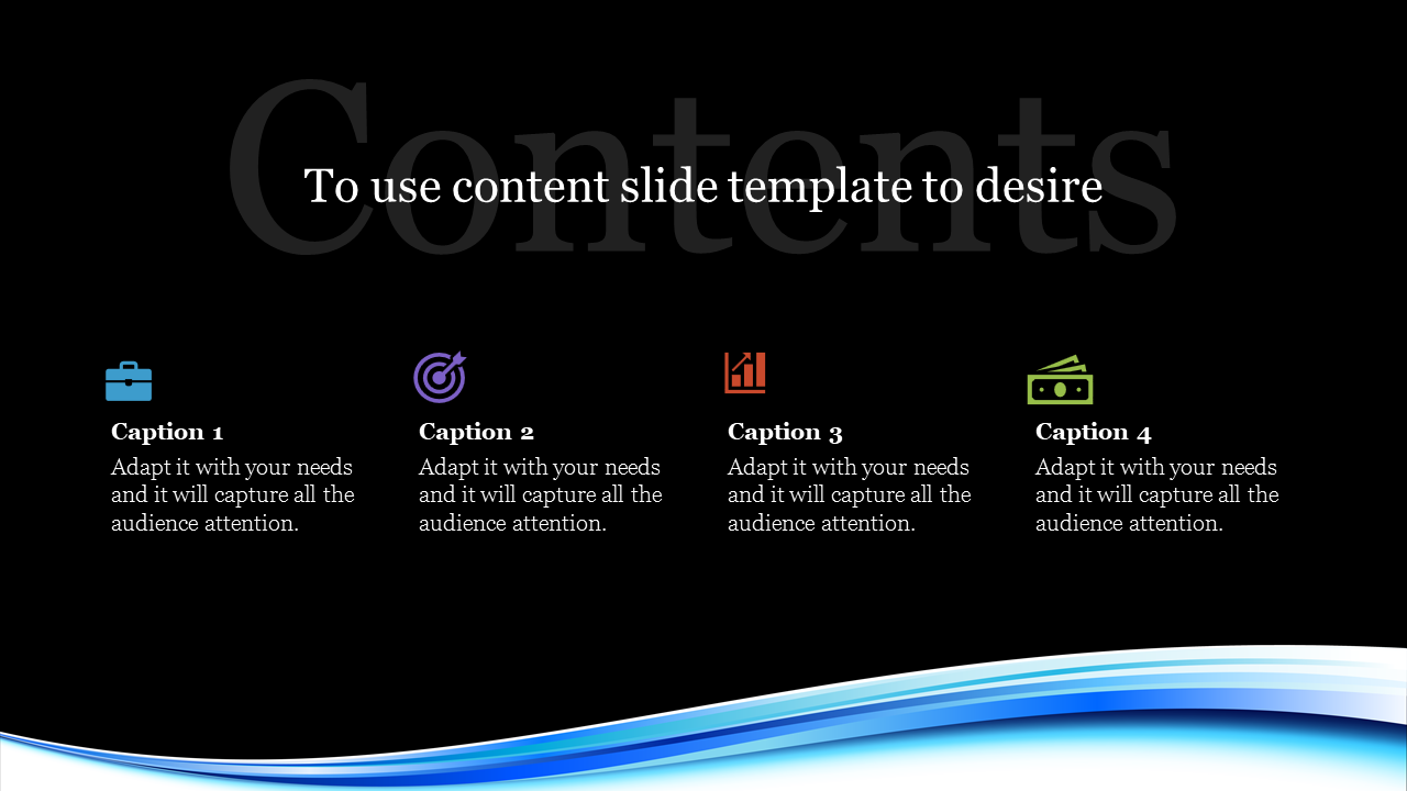 PPT slide showing content with icons for business tools, goals, analytics, and multimedia with captions on a dark theme.