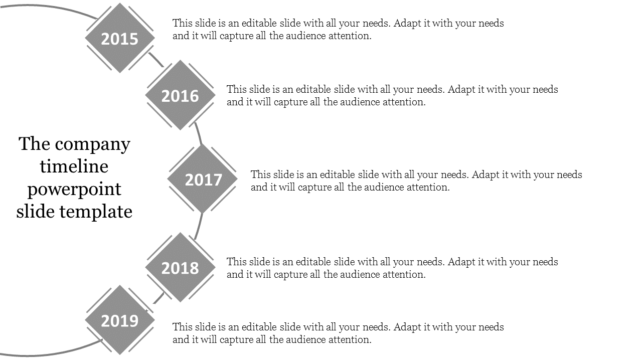 Company timeline PowerPoint slide with diamond shaped markers for the years 2015 to 2019, each with captions.